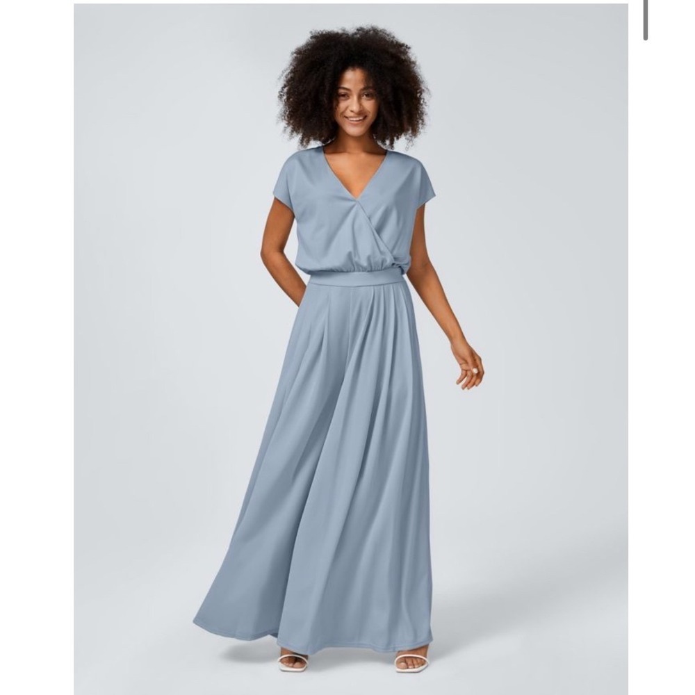 Halara Light Blue Wide Leg Wrap V-Neck Jumpsuit Small Cap Sleeve Palazzo PantS
